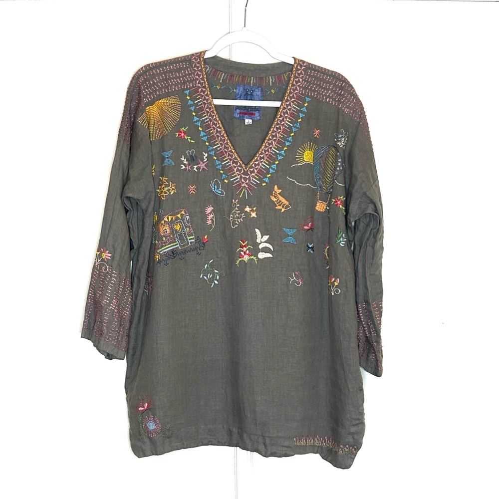 Johnny Was Olive Green Embroidered V-Neck Tunic with Multicolor Accents